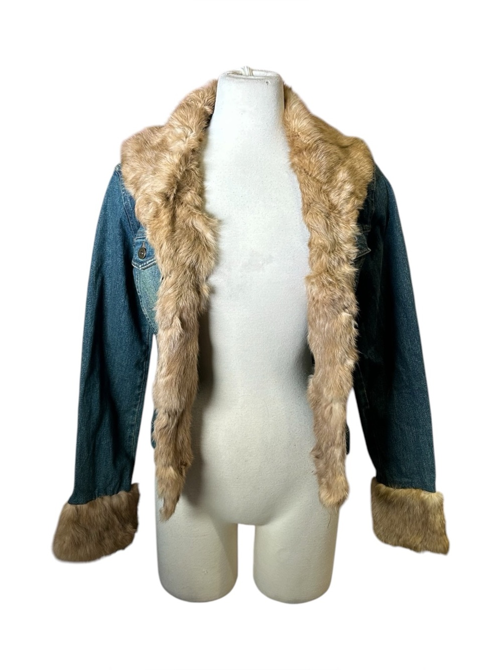y2k Sherri Bodell Denim Rabbit Fur Collar Jacket